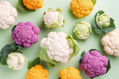 Top vie wof different colorful cauliflowers, AI generated