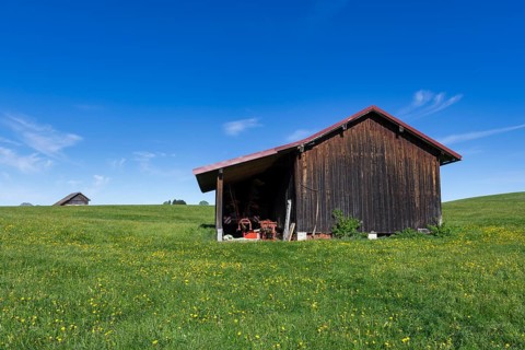 Wooden huts in a meadow near Fuessen, near Buching, Allgaeu, Bavaria, Germany, Europe
