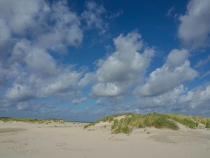 Extensive sand dunes with tufts of grass and a clear blue sky with clouds, lonely beach with dune