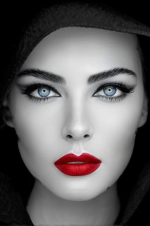 Monochromatic close up fashion portrait with blue eyes and red lips, AI generated