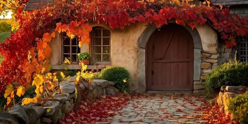 Close up of a rustic vineyard cottage nestled in a canopy of vines leaves showcasing autumns color