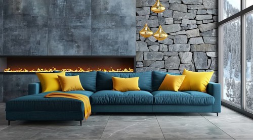 Modern living room in a condo or loft with modern trendy furniture, AI generated