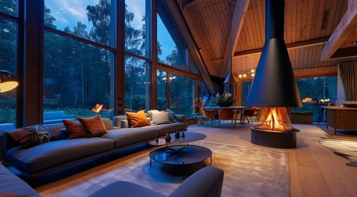 Modern living room in a chalet with furniture. Large and bright space with floor to ceiling