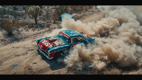 Classic american 50s racing car speeding with trailing smoke in a desert, AI generated