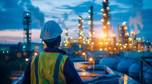 Worker overlooking a large industrial chemical oil refinery plant. Pollution and ecology concept,