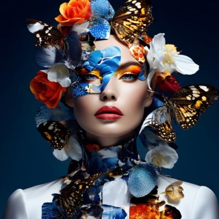 AI generated surreal fashion and beauty portrait poster collage with random weird subjects