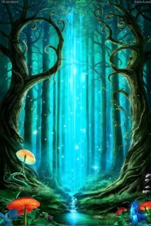 AI generated enchanted forest illustration intertwining trees aglow with magical light