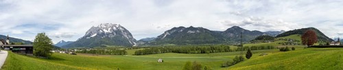 Ennstal, meadow area, behind the Grimming, panoramic view, near Irdning, Styria, Austria, Europe