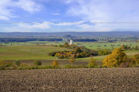 Viewpoint Platte, Ries and pilgrimage church Maria Bruennlein from the edge of the crater, Wemding,