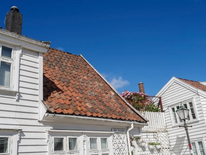 White houses with red roofs, a few flowers and blue sky, white wooden houses with green trees and