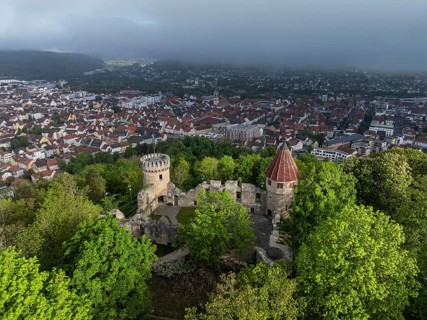 Aerial view of the Honburg castle ruins on the Honberg with the town of Tuttlingen, district of