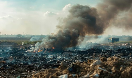 Smoke rising from a burning landfill, air pollution AI generated