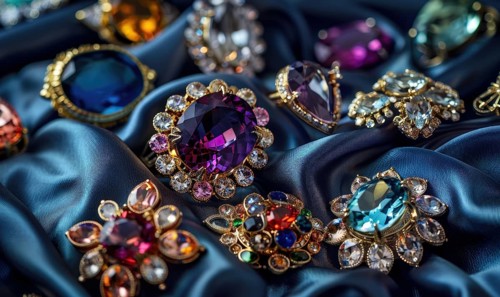 A captivating photograph showcasing a collection of vibrant gemstone brooches arranged on a