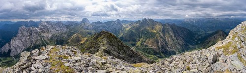 Panorama, view into Val Fleons and Frohntal, mountain landscape with rocky mountain peaks, view