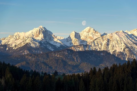 Allgaeu Alps, view from Hegratsrieder See, snow, dawn, moon, Allgaeu, Bavaria, Germany, Europe