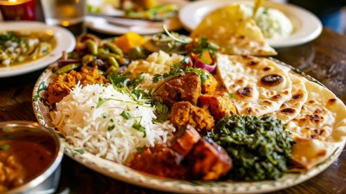 A selection of Indian dishes including curry, rice, and naan bread, showcasing vibrant colors and