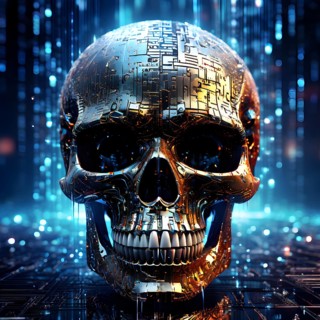 Broken skull with a cascade of binary digits forming a tidal wave stream, AI generated