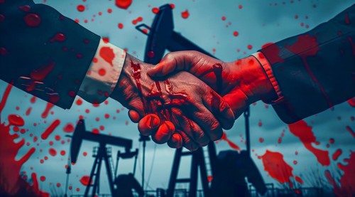 Two men shaking hands with red blood on their hands. Concept of corporate greed and oil industry,