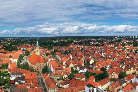 Aerial view of the historic old town of Schwabach with a view of the town church of St John and St