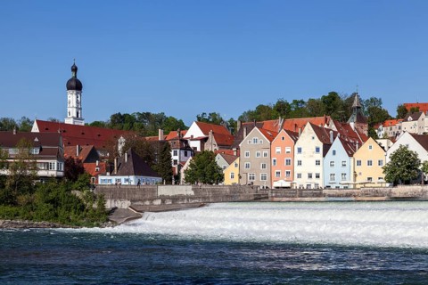 Historic old town centre of Landsberg am Lech, in front of the Lech weir, Upper Bavaria, Bavaria,