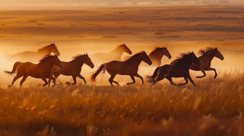 Horses galloping through a grassy field at sunset with a warm golden atmosphere and dust in the