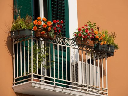 A small balcony with flowers in pots, green shutters and an air conditioner in front of an