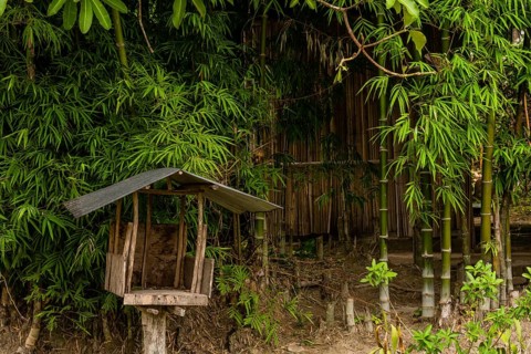 Thai spirit house mounted on a pillar with buildings and bamboo trees in background in Chiang Khan,