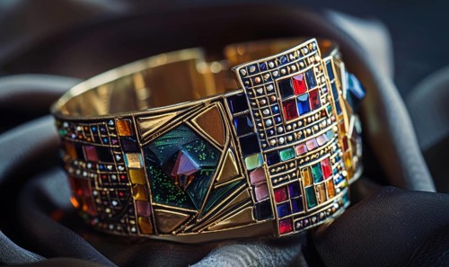 A bold statement cuff bracelet featuring geometric patterns and semi-precious stones AI generated