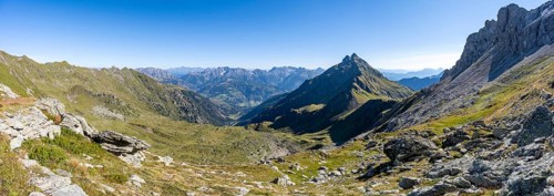 Panorama, View from the Carnic main ridge with rocky mountain peaks, Carnic High Trail, Carnic main