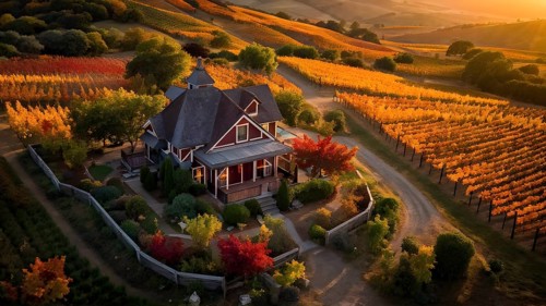 Aerial view of a rustic vineyard cottage nestled in a canopy of vines leaves showcasing autumns