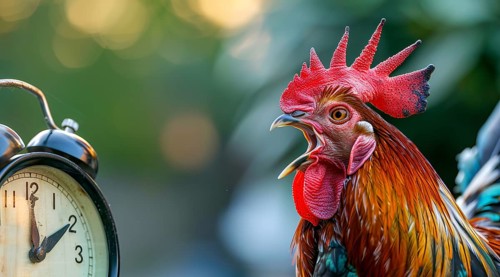 A rooster is standing in front of a clock with its beak open. Concept of a loud alarm clock, AI