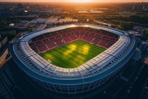 Aerial bird eye top view of a soccer football field stadium on sunset, AI generated