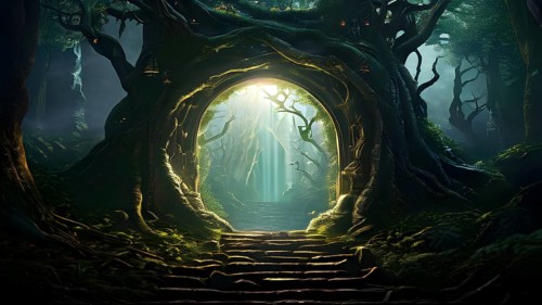 AI generated enchanted forest illustration intertwining trees aglow with magical light