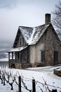 Rustic vineyard cottage in a winter vineyard landscape with snow, AI generated