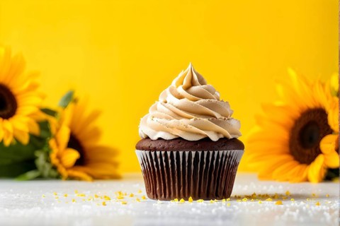 Chocolate cupcake with swirls of creamy frosting crowning against a sunflower yellow background, AI