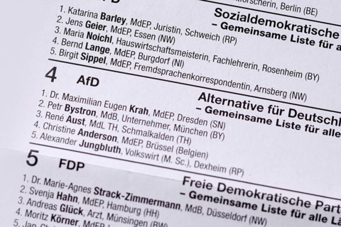 Germany, May 2024: German ballot paper for Elections to the European Parliament with close up of