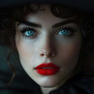 Close up fashion portrait with blue eyes and red lips, AI generated