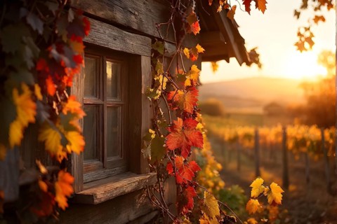 Close up of a rustic vineyard cottage nestled in a canopy of vines leaves showcasing autumns color