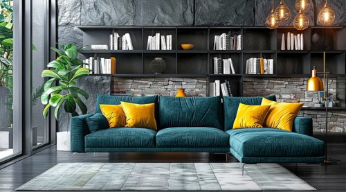 Modern living room in a condo or loft with modern trendy furniture, AI generated