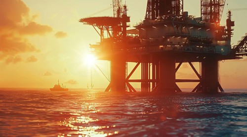 Offshore oil rig anchored platforms drilling for oil in ocean floor, AI generated
