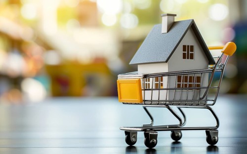 Real estate shopping concept, a house is a shopping cart on blurred bokeh background, AI generated
