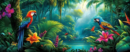AI generated illustration of an enchanted fairy tale jungle inhabited by magical fantasy animals in