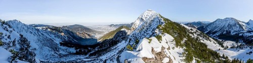 Panorama, mountain ridge of the Aiplspitz with summit cross, snow-covered mountain landscape with