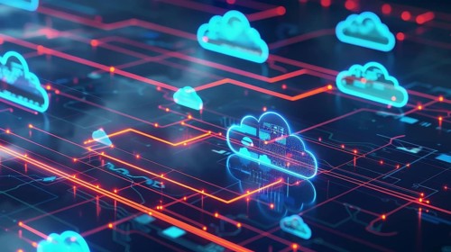 Intricate network design featuring cloud computing with glowing neon connections, AI generated