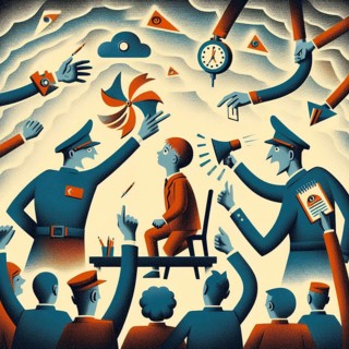 A child is surrounded by authoritative figures and surreal imagery, illustrating the pressure and