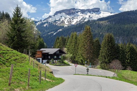 View of Hoher Ifen, in front of the Fuchsfarm holiday flats, Hirschegg, Kleinwalsertal, Vorarlberg,