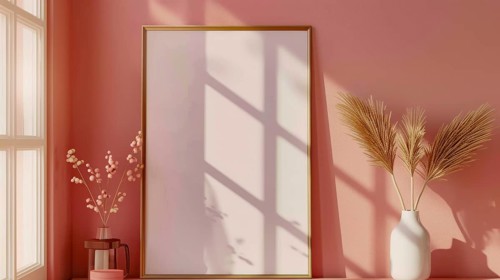 Empty frame on a surface with vases and plants against a pink wall and window light, AI generated