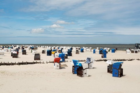 Beach chairs on the sandy beach, Harlesiel, Carolinensiel, East Frisia, Lower Saxony, Germany,