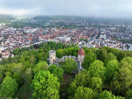 Aerial view of the Honburg castle ruins on the Honberg with the town of Tuttlingen, district of
