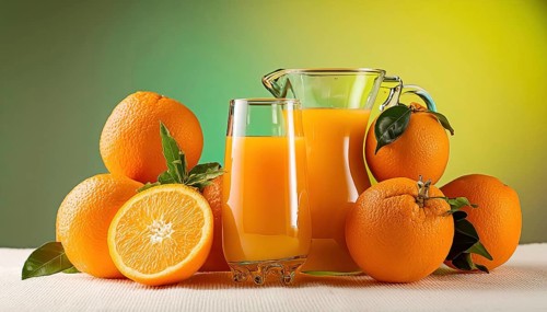 Fresh orange juice in a glass and a jug next to oranges and green leaves, AI generated, AI